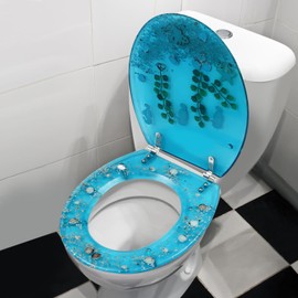 SNKOURIN Round Toilet Seat, Transparent Resin Toilet Seat with Stainless Steel Strong Hinges, Heavy Duty Toilet Cover Quiet-Close Seat, U/V Shell Ocean Collection Home Bathroom Decor Clear