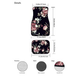 LONSANT Floral Car Floor Mats Set of 4,Seamless Floral Pattern with Roses Watercolor Vehicle Front Rear Carpets Mats Universal Car Rugs Dark Vintage Flowers Print Auto Car Accessories for Car Truck