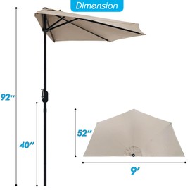 STANDERECT 9FT Half Patio Umbrella, Outdoor Wall Umbrella with Easy Hand Crank, 5 Sturdy Ribs, UV Protection for Pool Garden Balcony Deck (Beige, 9FT)