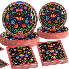 Potchen 180 Pcs Mexican Party Decorations Serve 60 Guest 7'' and 9'' Disposable Paper Plates and Napkins Mexican Party Supplies Tableware Set Flower Dish for Holiday Birthday Party