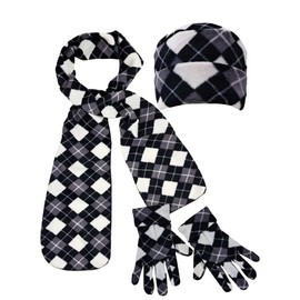 Black White Gray Argyle Print Polar Fleece Scarf Glove & Hat Set