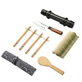 Lamkaki Sushi kit da 15 pezzi,Onigiri stampi,kit Sushi FAI da te，Kit Sushi composto da bacchette Sushi,coltello,Bazooka,tappetino di bambù professionale e Cucchiaio di riso.
