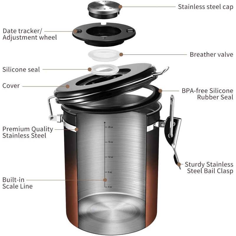 Veken Coffee Canister with Window,Airtight Stainless Steel Kitchen Food Storage