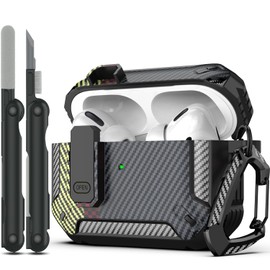 RFUNGUANGO for AirPods Pro Case Cover with Cleaner Kit, Military Hard Shell Protective Armor with Lock for AirPod Pro Charging Case, Front LED Visible, Carbon Fiber Ash