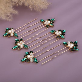 Teyglen 6pcs Crystal Pearl Bridal Hair Pins Green Rhinestone Wedding Hair Pins Clips Set Handmade Rhinestone Hair Piece Decorative Hair Accessories for Women Bride Girls (Peacock green)