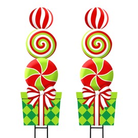 Bunny Chorus Christmas Decorations Outdoor, 2pcs Large Lollipop Peppermint Candy Gift Box Yard Metal Stakes Xmas Decor, 43" Colorful Winter Sign for Lawn Front Door Garden Home Farmhouse Outside Party