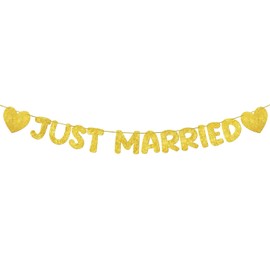 Breling Pre Strung Just Married Banner Glitter Wedding Party Banner No DIY Just Married Sign Wedding Ceremony Decorations for Photo Booth Props Wedding Shower Party Decor (Gold)
