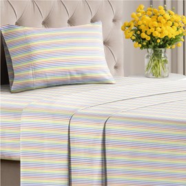 3 Piece Rainbow Bed Sheets for Twin XL Size Bed – Flat Sheet 66 x 102, Fitted Sheet 39 x 80 and 1 Pillowcase 20 x 30 – Deep Pocket, Ultra-Soft, Rainbow Stripe Bed Set – Oeko-TEX Stripe Sheet Set