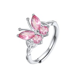 SILVERCUTE 925 Silver Rings Butterfly October Pink Tourmaline Birthstone Jewellery Adjustable Ring for Women Girls