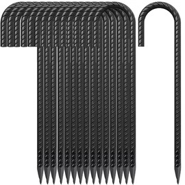 12 Inch Rebar Stakes J Hook Ground Stakes,16-Pack Fence Stakes Metal Tent Stakes for Tents, Position Kits,Fences, and Trampolines (12" J Shape-Black)