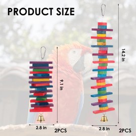 4 Pcs Parrot Toys, Birds Toys with Multicolored Natural Wood Blocks, Bird Chew Toys with Hook and Bell, Bird Cage Toys for Conures, Parakeets, Cockatiels, Lovebirds, African Grey Macaws, 2 Designs