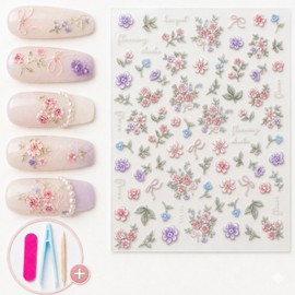 LeoRin Nail Sticker Set of 2 Self Nail Art Deco Face Cubic Nail Tool Included, 1 Piece, 06 Romantic Flower / LeoRin 네일스티커 2매 세트 셀프 네일아트 데코 페이스큐빅 네일도구 포함, 1개, 06 로맨틱 플라워