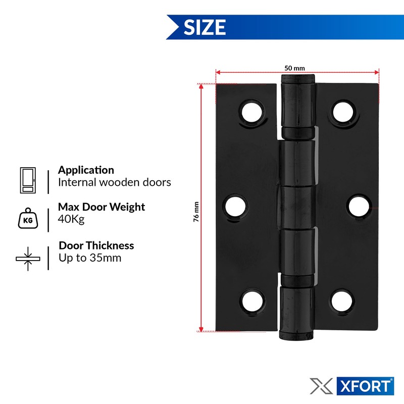 XFORT 3 Inch (75mm) Matt Black Ball Bearing Hinges, Steel