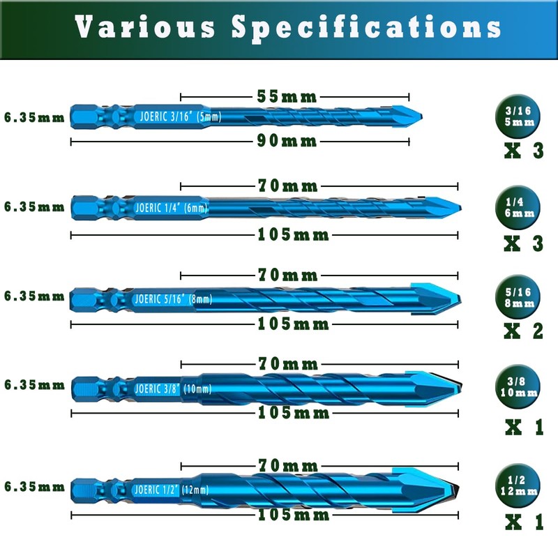 JOERIC 10pc 3/16”(5mm) Eccentric Drill Bit Set, Masonry Drill Bit