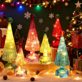 6 Pack Glass Christmas Trees Lighted Tabletop Decoration Mini Small Christmas Trees, Battery Operated Glitter Pink Gold Xmas Table Decor with LED Lights for Fireplace Centerpieces Mantel
