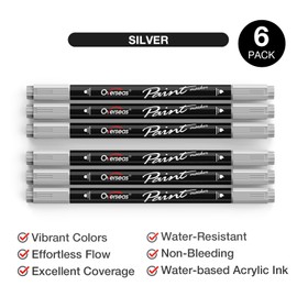 Overseas Silver Acrylic Paint Markers, 6 Pack Dual Tip Paint Pens Acrylic Markers with Dot and Brush Tip, Coloring Marker for Wood, Rock, Canvas, Glass, Metal, Plastic, Fabric, School Supplies