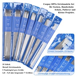Coopay Knitting Needles Set, 35 Pieces Stainless Steel Double Pointed Knitting Needle with Knitting Accessories, 20 cm Metal Needle Set 2.0-5.0 mm, Short Straight Knitting Needles for Socks and Small