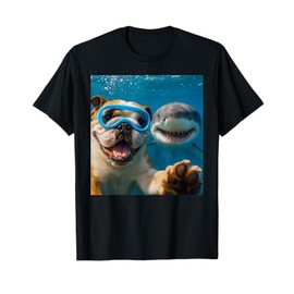 Funny English Bulldog Dog Selfie with Shark Ocean Lovers T-Shirt