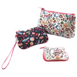 Set of 3 make-up bags with colourful retro vintage print, Colourful, Cosmetic bag