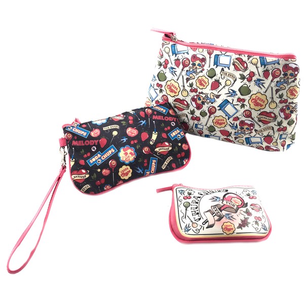 Set of 3 make-up bags with colourful retro vintage print,