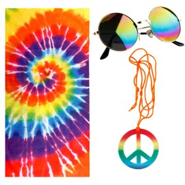 Luckious 3 PCS Hippie Style Festival Party Set – Peace Sign Necklace, Tie-Dye Headband, and Sunglasses Set for Festival, Party, and Celebration Outfits