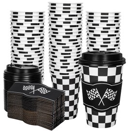 Whaline 50 Set Race Car Disposable Coffee Cups with Lids and Sleeves Checkered Flag Racing Theme Paper Drinking Cups for Sports Theme Birthday Party Supplies