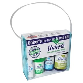 Unker's On-The Go Travel Kit, Gifts Idea, 4 Travel Size (1 oz Therapeutic Rub, 1 oz Therapeutic Spray, 2 oz Fresh Scent Sanitizing Mist, 0.25 oz Therapeutic Roll-On)