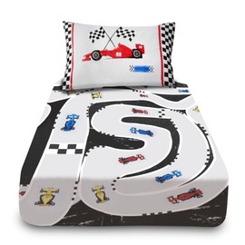 VELVETIO Racing Cars Fitted Sheet with Matching Pillowcases, Soft Polycotton Printed Bedsheet Double, Breathable Car Bedding Bedset, Grey