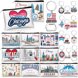 Reginary 24 Pcs State Souvenir Gifts 12 Metal Keychain and 12 City Cosmetic Bag USA Texas Florida California Chicago Souvenir Themed Gifts for Women Traveler Birthday Christmas Party (Chicago)