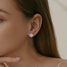 Sterling Silver Snowflake Earrings Studs Charms Hypoallergenic Fashion CZ Stud Jewelry Birthday Christmas Gift for Women (Light Blue)