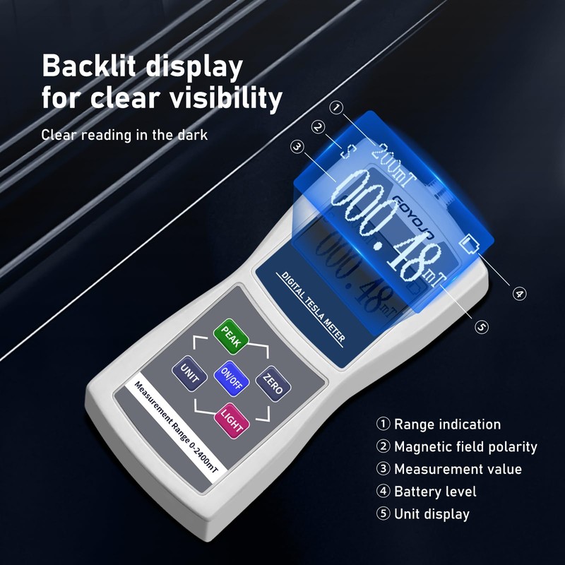 GOYOJO Digital Gauss Meter 0–2400mT, High Accuracy Magnetic Field Tester