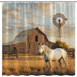 FAXTOZ Fall Horse Shower Curtain Rustic Farm Animal Retro Barn Windmill Country Farmhouse Vintage Polyester Bathroom Curtains Set with Hooks 70"x70"