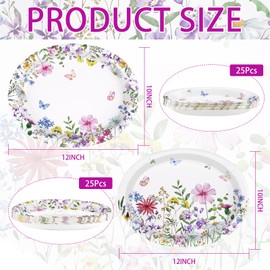 50Pcs Spring Wildflower Oval Paper Plates 10" x 12" Large Disposable Heavy Duty Watercolor Flowers Butterfly Party Plates Floral Dessert Platters for Seasonal Lunch Dinner Birthday Party Supplies