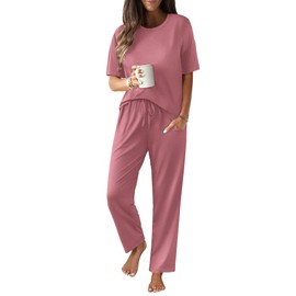 JiniGolla Pajamas for Women Set Comfy Soft Short Sleeve Top and Long Pants Lounge Sets Deep Pink L