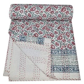 Yuvancrafts Indian Hand Block Floral Print Kantha Quilt Handmade Vintage Twin/Queen Size Cotton Kantha Throw Blanket Bedspread (Queen 90 X 108) (Queen 90 X 108)