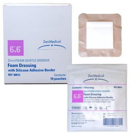 ZeniFoam Gentle Border (6" x 6") Polyurethane Foam Dressing with Silicone Adhesive with Border, Skin-Friendly, Highly Absorbent for Moderate to Heavy Wound Drainage, Latex-Free, & Waterproof Backing