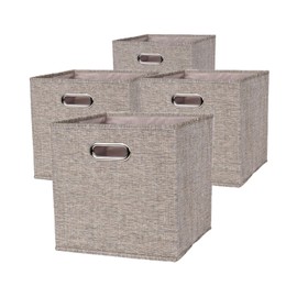 ACOMOON, 4 Pack, Odor-free, 11 Inch, Polyester, Shiny Imitation Linen, Collapsible Fabric Storage Bins, Cube Storage Organizer Featuring Metal Handles, Storage Baskets for Shelves (Light brown)