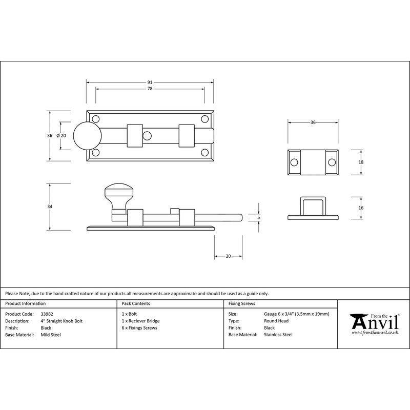 From The Anvil Black 4 Inch Straight Knob Bolt
