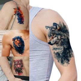 GLARYYEARS Temporary Tattoos for Men, 24-Pack Large Fake Tattoos, Long-lasting Animal Tattoos, Wolf Lion Snake Design Variety Pack Realistic Tattoos 3D, Cool on Half Arm Leg Back Body