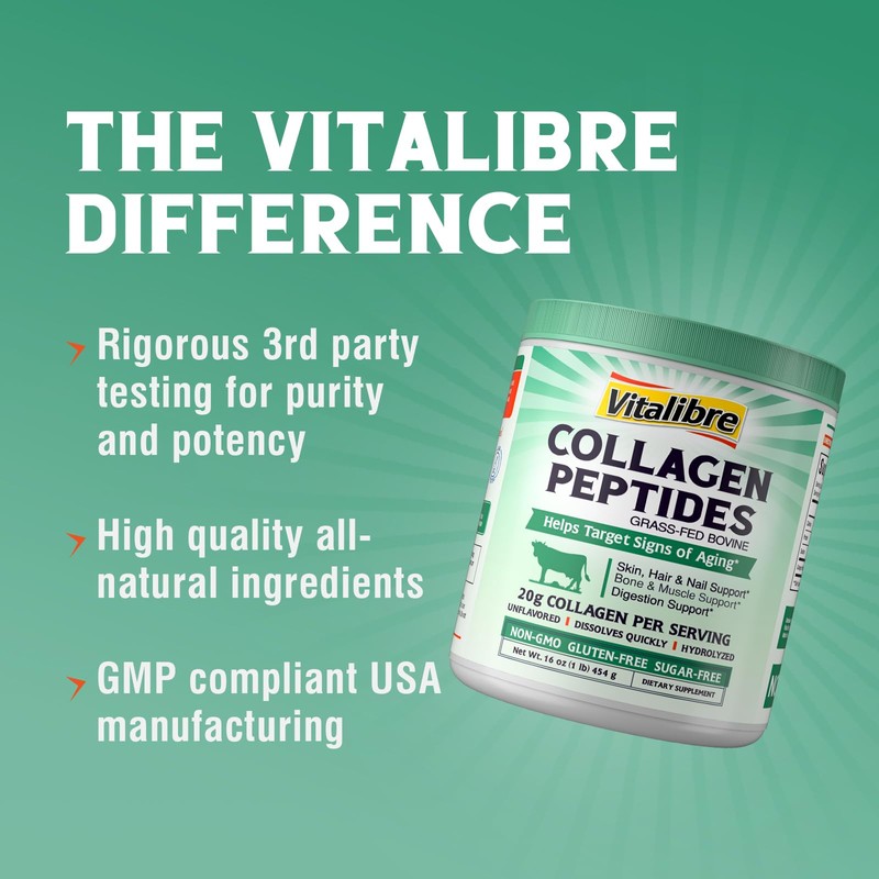 Vitalibre Bovine Collagen Peptides Powder for Women and Men, Grass-Fed