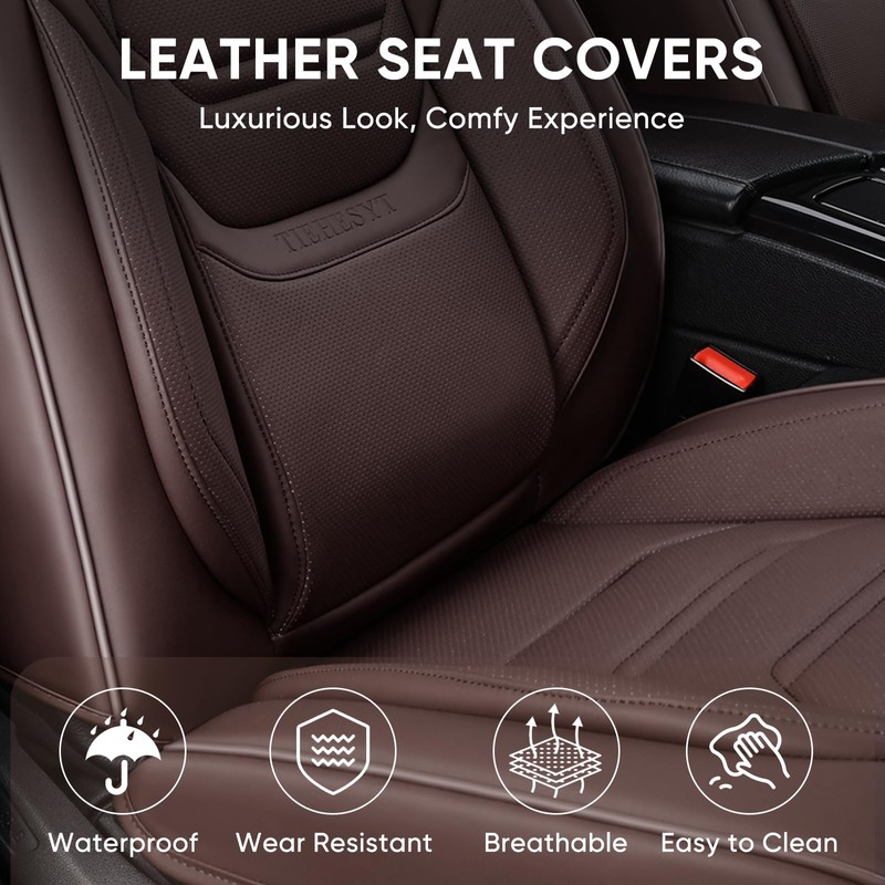 TIEHESYT Mature Brown Car Seat Covers, Breathable Faux Leather, Universal