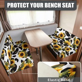 SUITOSELFY Sunflower Cow Print RV Cushion Covers Dinette Booth Seats 2 Sets Cute Camper Cushion Covers Stretch Couch Cover for RV Camper Sofa Bed,Including 1 Bench Cover & 1 Backrest Cover