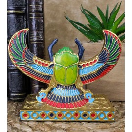 Ebros Gift Egyptian Beautiful Golden Winged Scarab Amulet Ankh Symbol of Rebirth Small Figurine Lucky Charm Gods of Ancient Egypt Dung Beetle Scarabs Sun God Ra Sculpture