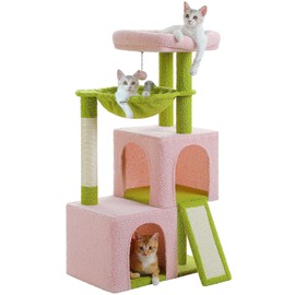 PAWZ Road Large Cat Tree, 41 Inches Multi-Level Cat Tower with 2 Spacious Condos for Large Indoor Cats, Pink Flower Cat House with Comfy Hammock, Padded Perch, Scratching Pad and Replaceable Balls