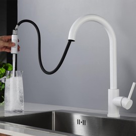 NOVOCE White Kitchen Faucet,Brass Kitchen Sink Faucet with Pull Down Sprayer, High Arc Single Handle 2 Modes Kitchen Mixer Taps, Deck Mounted