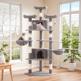 SHA CERLIN 73" Space-Saving Cat Tree/Multi-Level Tall Cat Tower with Perches/Scratching Posts/Condo & Hanging Baskets/Modern Fan-Shaped Design for Indoor Kitties/Pet Activity House/Grey
