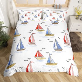 Sailboat Bedding Set Seagull Comforter Cover for Kids Boys Girls Teens Nautical Duvet Cover Ocean Marined Breathable Bedding & Linen Summer Holiday Bedding & Linen Double Size