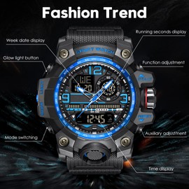 Men's 50M Waterproof Digital Sports Watch with LED Light Alarm Running Calendar Date Blue Strap, blue, Strap.