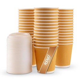 FOOGO Green 25x 10oz Disposable Paper Coffee Cups with Lids, FSC® Certified, Fully Compostable, Strong Triple-Wall Brown Paper Cups with Secure Lids, for Hot Drinks, Takeaway Coffee Cups, Party Cups