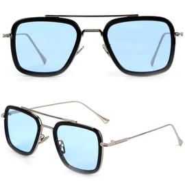 Retro Vintage Sunglasses Tony Stark Glasses Square Metal Frame for Men Women Goggle Classic Alloy Frame (Black Frame Ocean Blue Lens Silver Arm)